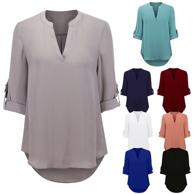 

2019 womens clothing Sexy Women Fashion Casual Short Sleeve V Neck Solid Color Chiffon Ladies Loose Plus Size Tops