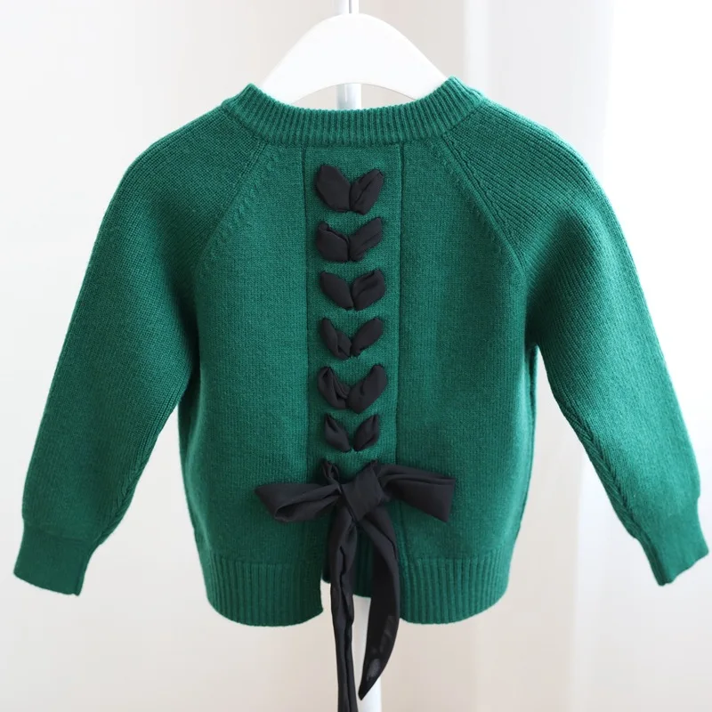 DFXD/ г. Осенне-зимний свитер для маленьких девочек однотонный однобортный кардиган с длинными рукавами и бантом на спине для девочек, От 2 до 7 лет