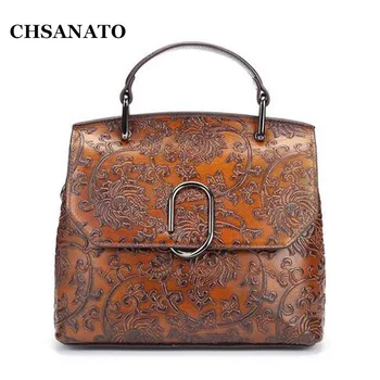 

CHSANATO Fashion Women Handbag Genuine Leather Shoulder Bag Embossed Vintage Retro Bag Ladies Small Tote