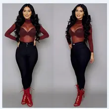 Новейшая популярная женская Сетчатая футболка, красные, черные, со стоячим длинным рукавом, прозрачные женские сексуальные Клубные топы, открытые тонкие футболки