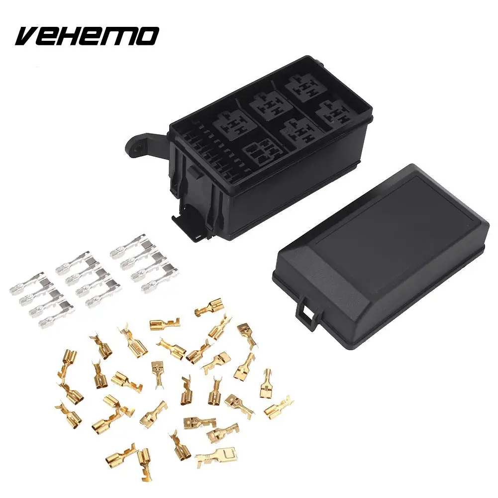 Vehemo DC 12V 20A Black Car Fuse Box 6 Relay Block Holder Spare Fuse