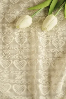 

Romantic Ivory Heart Embroidery Cord Cotton Lace Fabric for Sewing Wedding Dresses Dentelle DIY Table Cloth Decoration