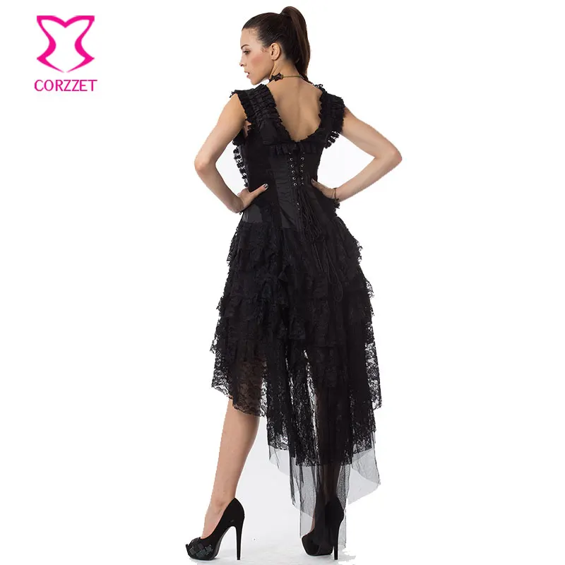 XKBHYD Gothic jurk dames vierkante hals veters corsagejurk kant bezet piratenkostuum Milkmaid Dress Vintage Party Jurken, lange mouwen zwart, S