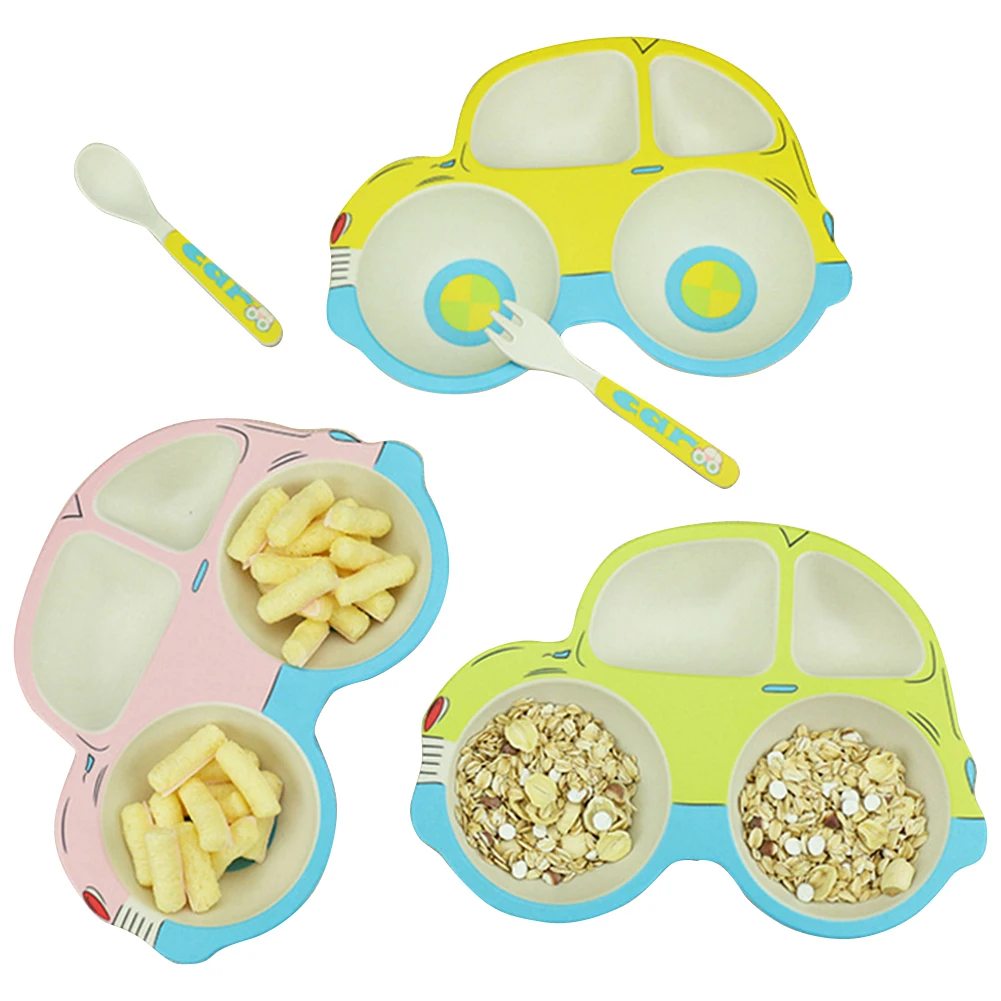 Детская тарелка из бамбукового волокна, милая посуда в форме машины, соломенная посуда для малышей, Детские тарелки, набор ложка и вилка