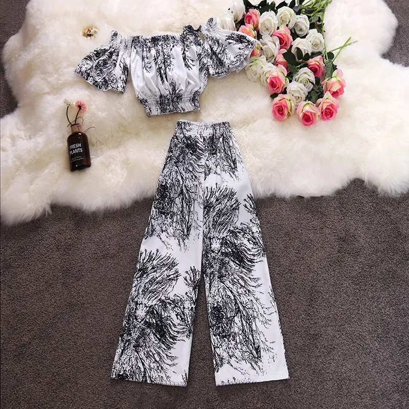 

2019 summer new women's slash neck printing flare sleeve chiffon shirt high waist Wide leg trousers suits female two-piece sets