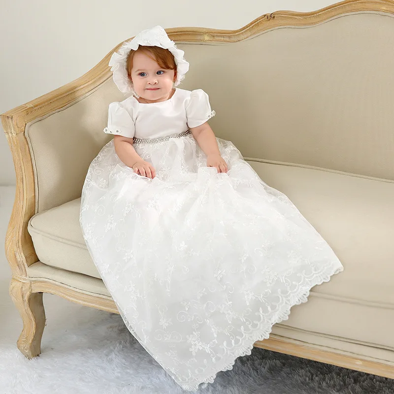 BBWOWLIN White Baby Girl Baptism Dresses with Hat Floor length Super