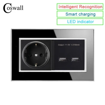 

Coswall Black 146 Type 16A EU Socket Power Outlet Dual USB Smart Charging Port 2.1A Wall Charger Adapter Acrylic Panel