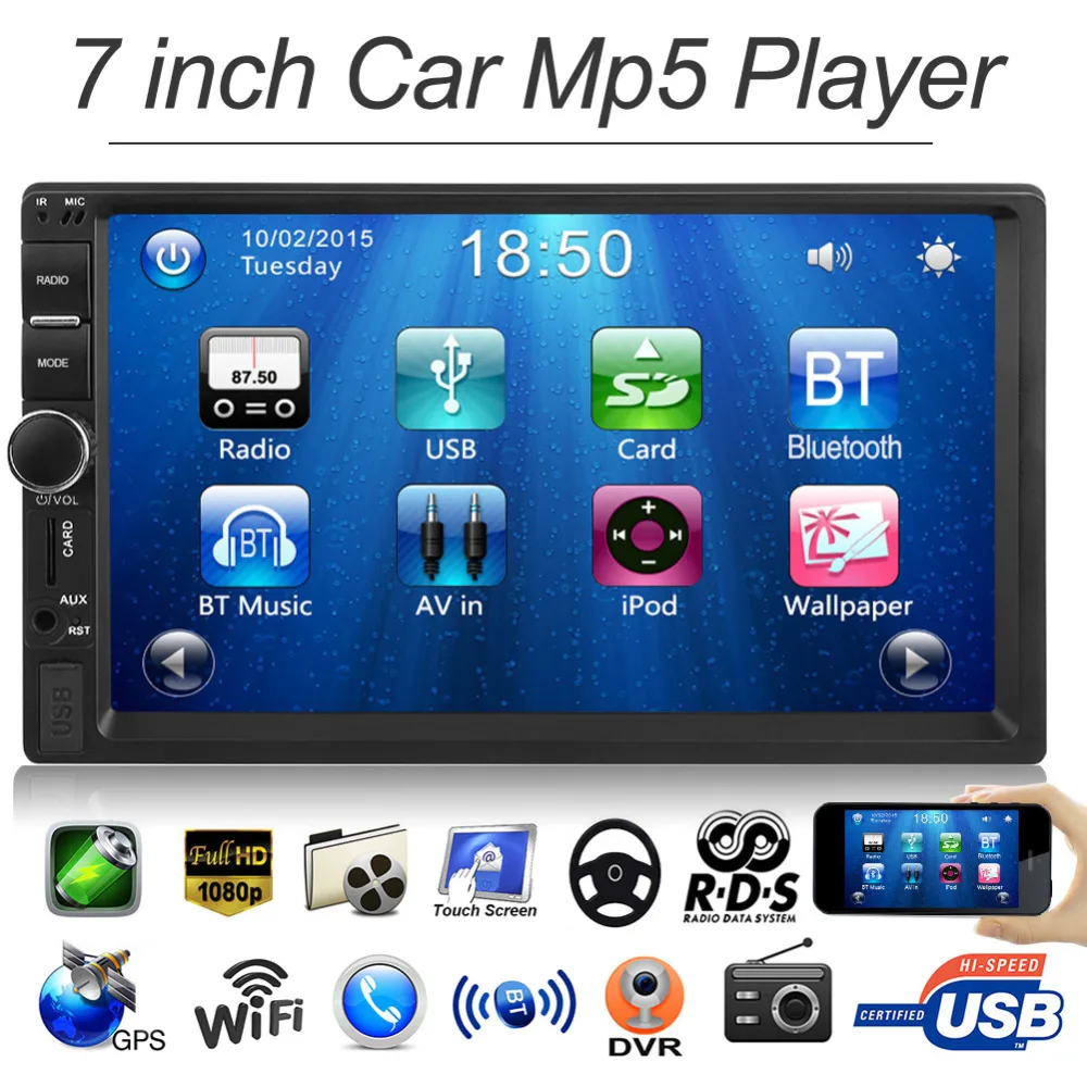 

2 Din 7 inch Bluetooth Car MP5 Player Digital 1080P Touch Screen Support Rear View Camera Stereo FM Radio Car Multimedia Player