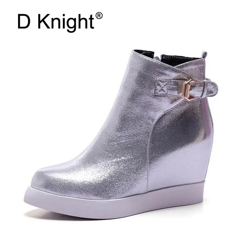 

Ladies Casual Platform Wedges Boots Fashion Metalic Pu Side Zipper Height Increasing Women Ankle Boots High Heels Winter Boots