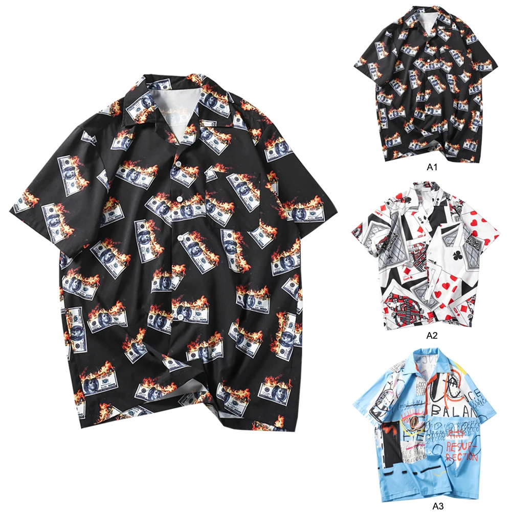 

Men Hawaiian Short Sleeve Shirts Elastic Top Summer Turn-down Collar Tees Breathable Blouse Hip Hop Shirts Streetwear Plus Size