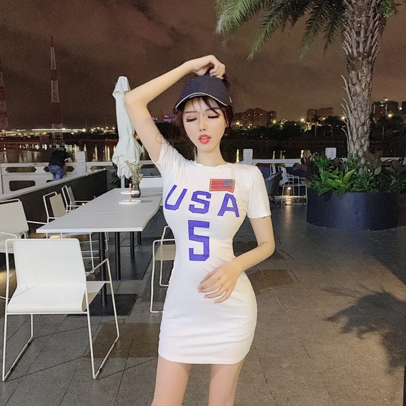 

Women's sexy casual dress 2019 new fashion letter bag hip short-sleeved dress