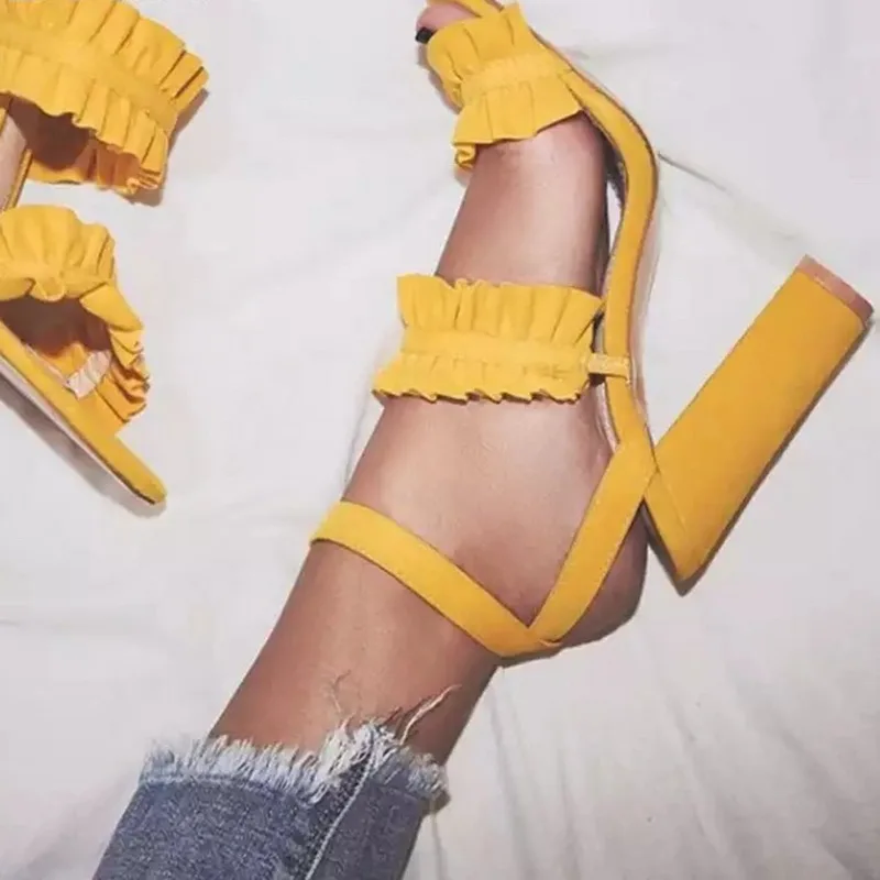 

PUIMENTIUA Women Ruffles Sandals Square Heel Solid Fashion Strap Ladies Heeled Shoes Zapatos De Mujer Plus Size 2019