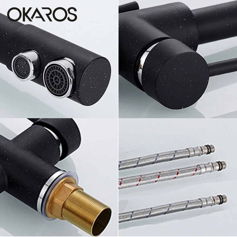  OKAROS Black Kitchen Faucet Water Brass Purifier Faucet Dual Sprayer Drinking Water Tap Vessel Sink - 32838034872