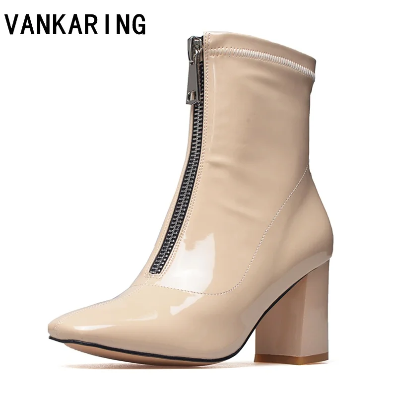 

VANKARING patent leather shoes women ankle boots square high heels riding boots handmade leather winter boots women black nude