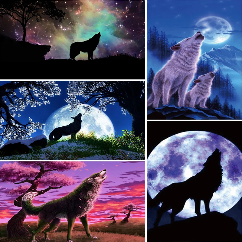 NEW 5D Diy Cross Stitch Full Square Drills Diamond Embroidery Painting Wolf Howling &amp FULL Moon Home Decor animals Gifts | Дом и сад