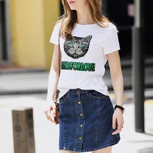 Женская летняя коллекция года, модная футболка с короткими рукавами и рисунком кота из пайеток, с круглым вырезом, темпераментная футболка