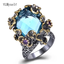 Фантастические большие прямоугольные кольца с синим кристаллом, модные ювелирные изделия с черным покрытием, быстрая, высокое качество, ювелирные изделия, большое кольцо с цветком