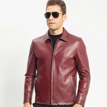 Мужская красная короткая кожаная куртка на пуху воротник с отворотом из настоящей овечьей шерсти, пуховое пальто для мужчин, умная Повседневная Верхняя одежда TJ8120