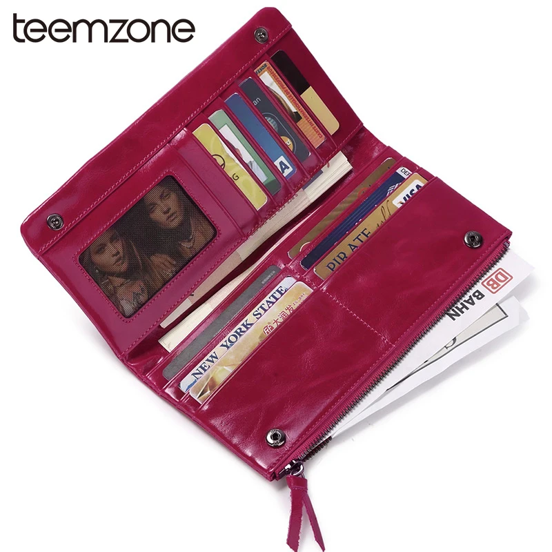 

Genuine Leather Women Vintage Hasp Organizer Wallet Oil Wax Leather Solid Fashion Long Purse High-capacity Female handbag j50