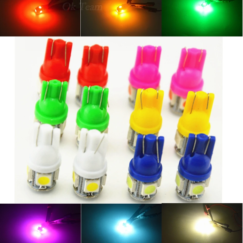 

10pcs/lot Car Auto LED T10 5050 W5W 5 SMD 194 168 LED White Car Side Wedge Tail Light Lamp Bulb Pink/Blue/ Red / Yellow / Green