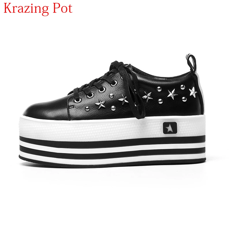 

2018 Fashion Genuine Leather Lace Up Round Toe Sneaker Platform Rivets Gladiator Waterproof Increased Women Vulcanized Shoes L07