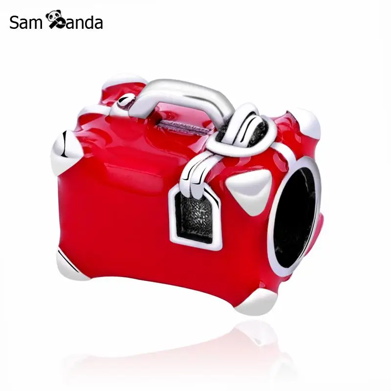

Luxury Tarvel Suitcase Charms With Red Enamel 925 Silver Trunk Beads Fit Original Pandora Bracelet Jewelry Making Women Gift