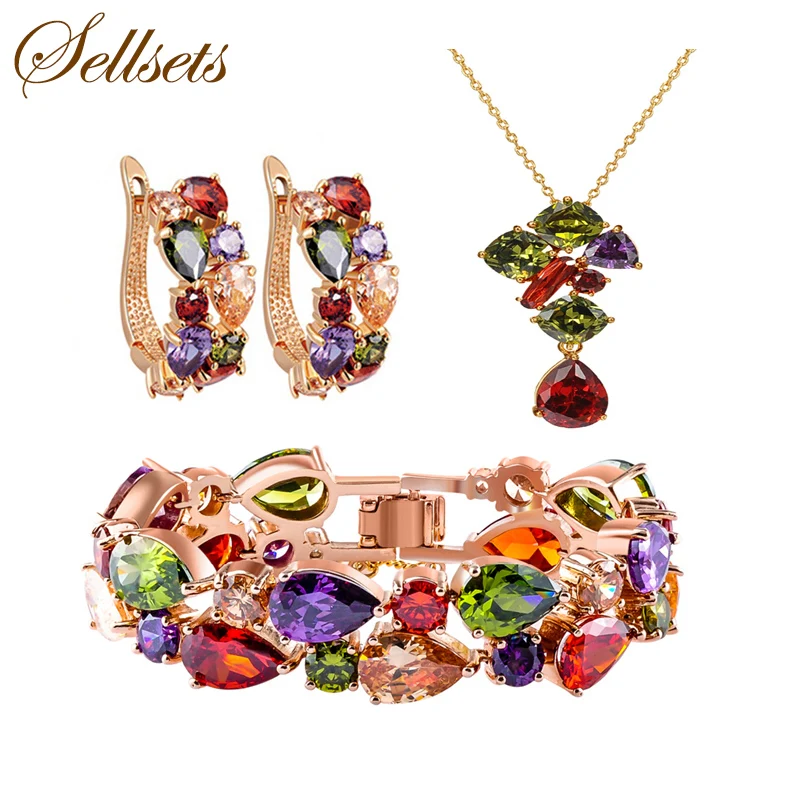 

Sellsets Luxury Women Set Rose Gold Color Coating New Assort Mona Lisa Top AAA Multicolor Cubic Zircon Party Jewelry Sets
