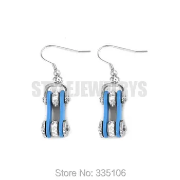 

Free Shipping! Blue Bicycle Chain Motor Earring Stainless Steel Jewelry White Rhinestone Motorcycles Biker Earring SJE370124