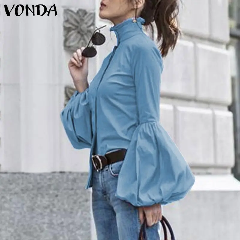 Женская блузка VONDA, модные женские однотонные Топы с длинным рукавом-фонариком, женские повседневные блузы, топ размера плюс S-5XL, Женская туника