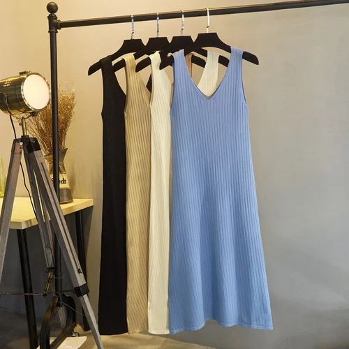 

New Summer Women Dress Luxury V Neck Knitted Knee-length Woman Dress Fashion Solid Color Sleeveless Camisole Womens Dress