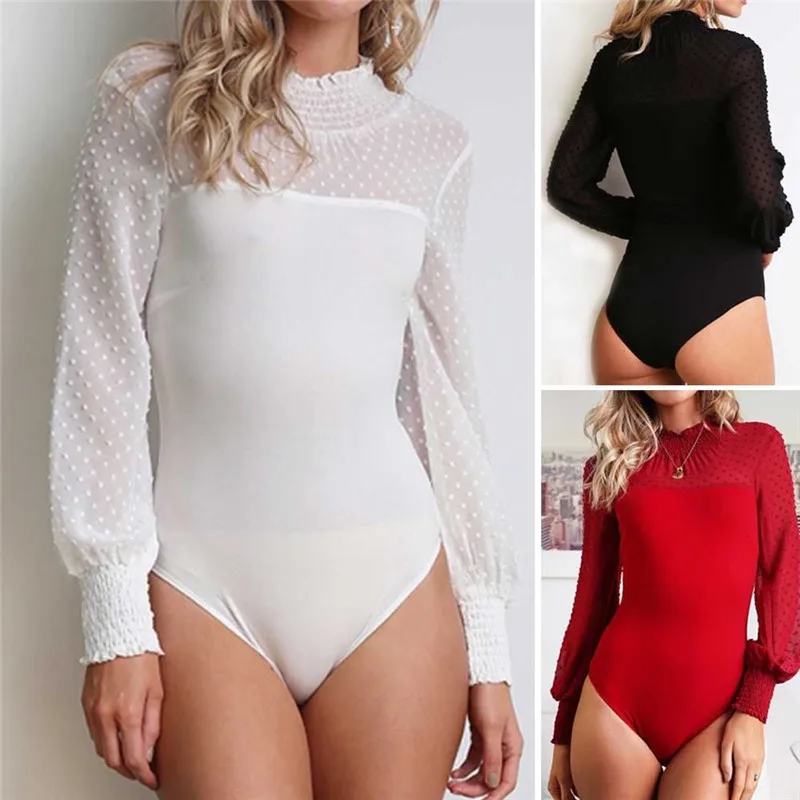 

2019 Sexy Autumn Vintage Long Sleeve Bodysuit Leotard Lace Patchwork Dot Mesh Chiffon pullover Jumpsuit