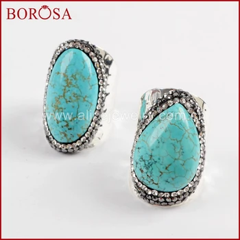 

BOROSA 5/10pcs Blue Stone Different Shapes Silver Color Band Rings Pave Rhinestone Natural Turquoises Rings Jewelry JAB921