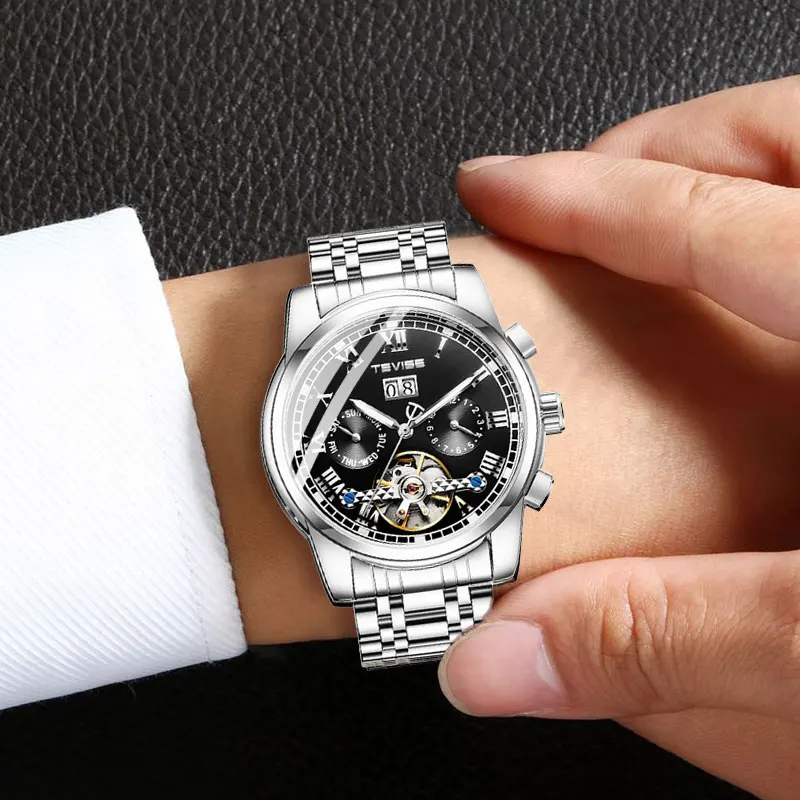 TEVISE мужские часы с автоподзаводом класса люкс из нержавеющей стали Tourbillon фазы Луны механические наручные часы мужской подарки Relogio Masculino