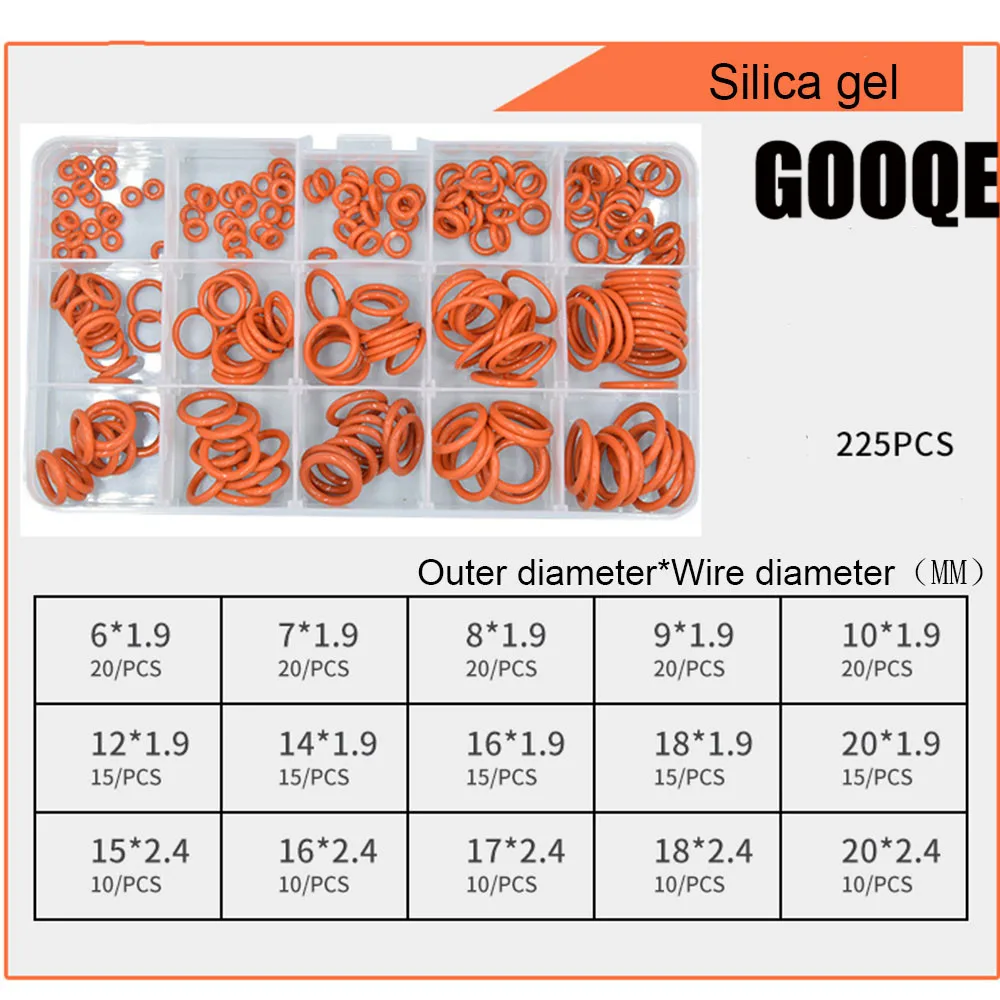 

225pcs Red Silicon O Ring Seal Kit 15 Different Sizes O-ring Washer Gasket Assortment With Case
