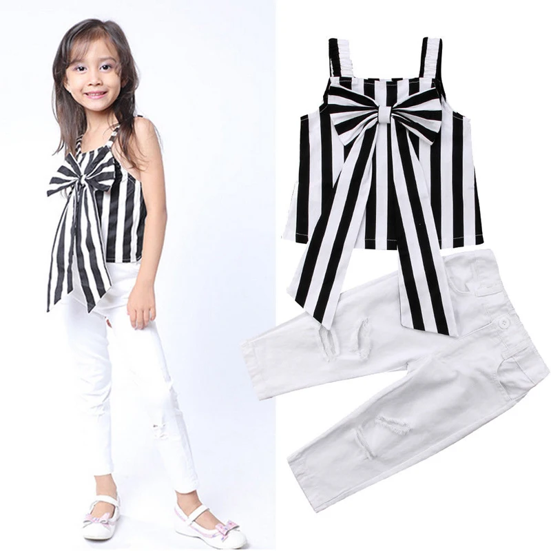 

2018 New Summer Toddler Kids Girl Clothing Set Striped Strap Bow Tank Tops+White Pant Legging 2PCS Outfits Summer Clothes