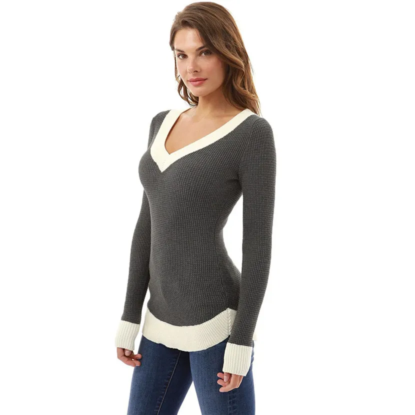 JAYCOSIN Sweater Women Flannel V Neck Long Sleeve Casual Curve Hem ...