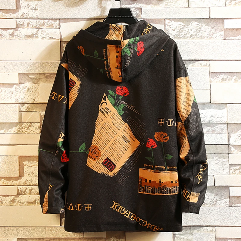 Aolamegs INS Hooded Bomber Jackets Men Streetwear Flower Print Windbreaker Male Korean Fashion Autumn Jackets Coats Street Coat