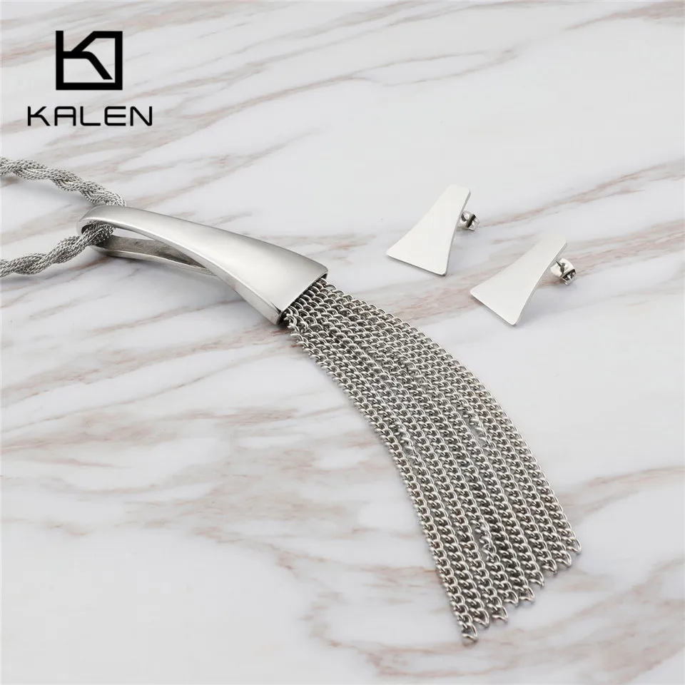 

KALEN Bohemia Long Tassel Drop Jewelry Set For Women Stainless Steel Chandelier Shaped Pendant Choker Necklace Earrings Set