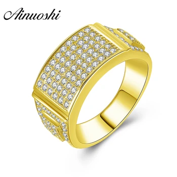 

AINUOSHI 14K Solid Yellow Gold Men Ring Shinning Rows Drill Cluster Ring Wedding Engagement Gold Jewelry Wide Wedding Male Band