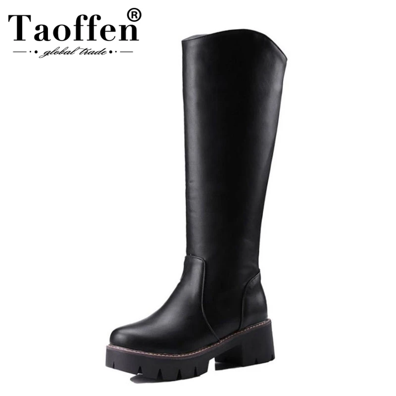 

TAOFFEN Fashion Women Motorcycle Boot Ladies Knee High Military Botas Platform Fur Shoes Woman Winter Bootines Mujer Size 34-43