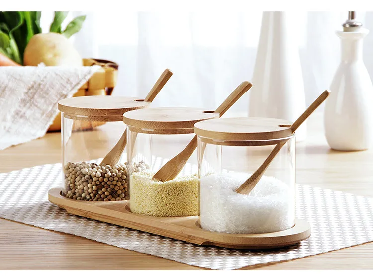 

3pcs/lot Glass Seasoning Tank Box Sugar Cans Seasoning Jar Multi-Purpose Spice Container Box With Bamboo Spoon & Rack JO 1063