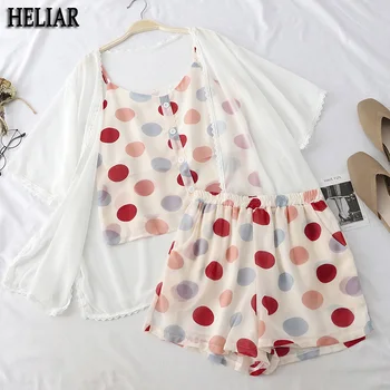 

HELIAR Three Piece Suits Women with Loose Chiffon sunscreen Blouse Polka Dot Crop Tanks And broad-legged shorts