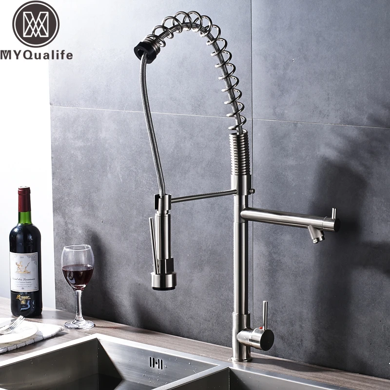 Brushed Nickel Extension Height Brass Kitchen Faucet Double Spout Deck