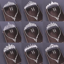 Свадебный ювелирный набор для невесты, корона, ожерелье, серьги, свадебные аксессуары для волос, Хрустальная корона, ожерелье, украшение для головы, свадьба