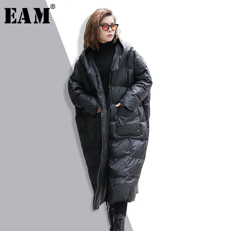 [EAM] 2019 New Winter Hooded Long Sleeve Solid Color Black Cotton-padded Warm Loose Big Size Jacket Women parkas Fashion JD12101