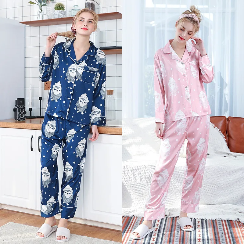 Весна и лето пижамы для женщин имитация шелка 2019 новый длинный рукав длинные брюки мультфильм печати домашний костюм два-Piece set