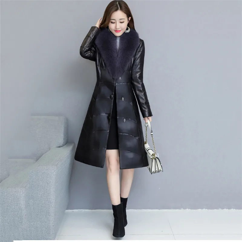 New Fashion Autumn Winter Women Leather Jacket Slim Parka Overcoat Female Faux Fur Collar Plus Size Long Fur Coats A1362