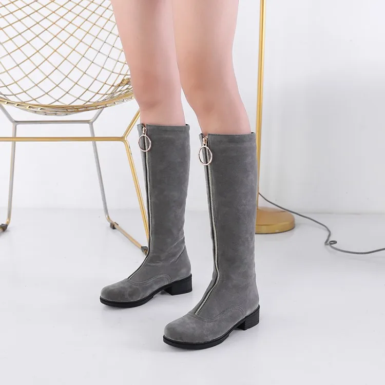

Big Size 11 12 13 Round head, thick heel, square heel, metal decorative front zipper and calf barrel fashion boots