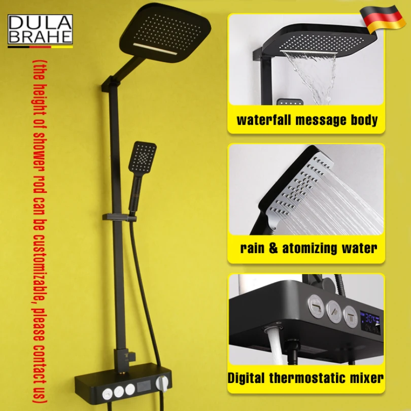 Bathroom Rain Shower Set Thermostat Bath Shower Faucet Valve Black Shower System Panel Brass Rainfall Waterfall Shower Head