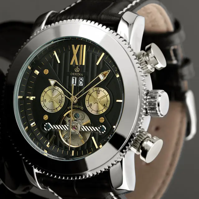 Orkina Fashion Mens Man Silver Black White Month Date Day Automatic Self Mechanical Watch Gift Box